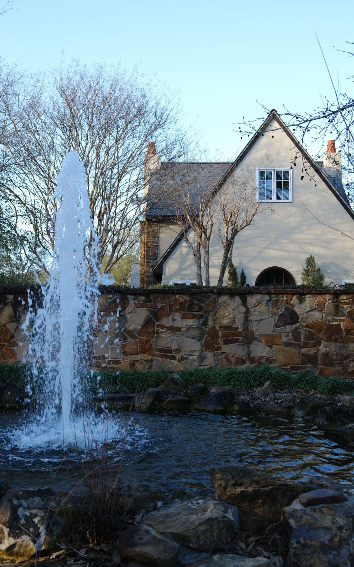 A small pond and foundation outside the library