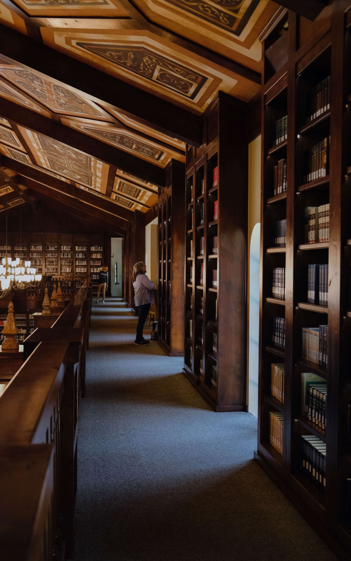 A woman searching for a book on one of the shelves. Sun streams in from the windows.