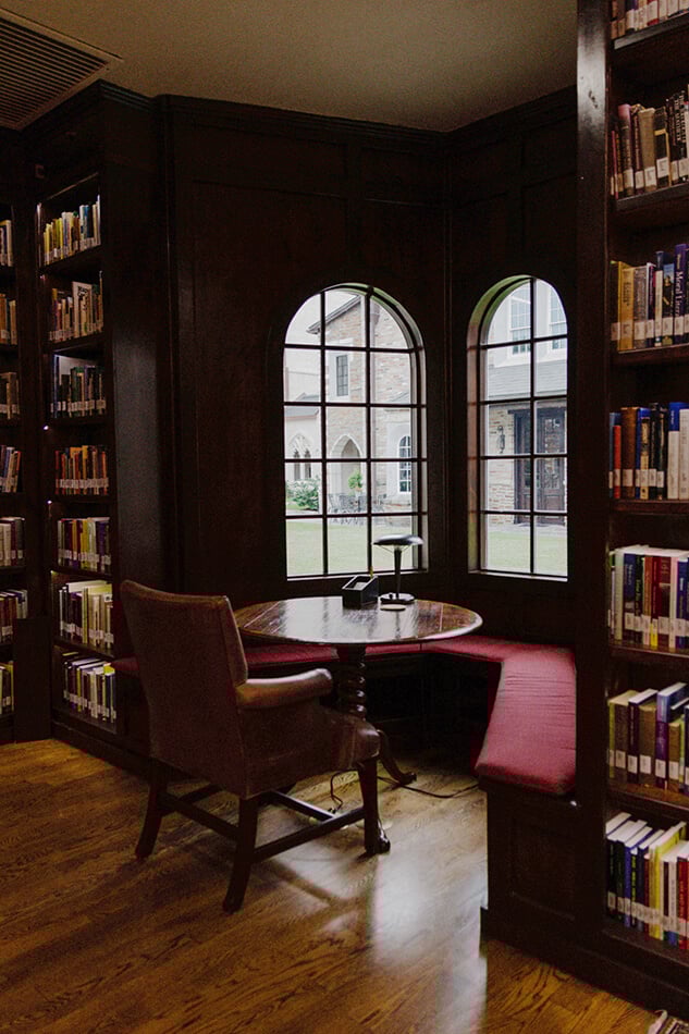 Window seat looking into the courtyard in the East wing of the library.