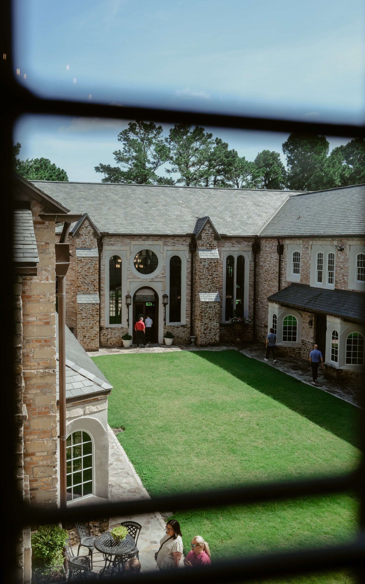 The courtyard of the library, seen through an upstairs window in the Learning Center.