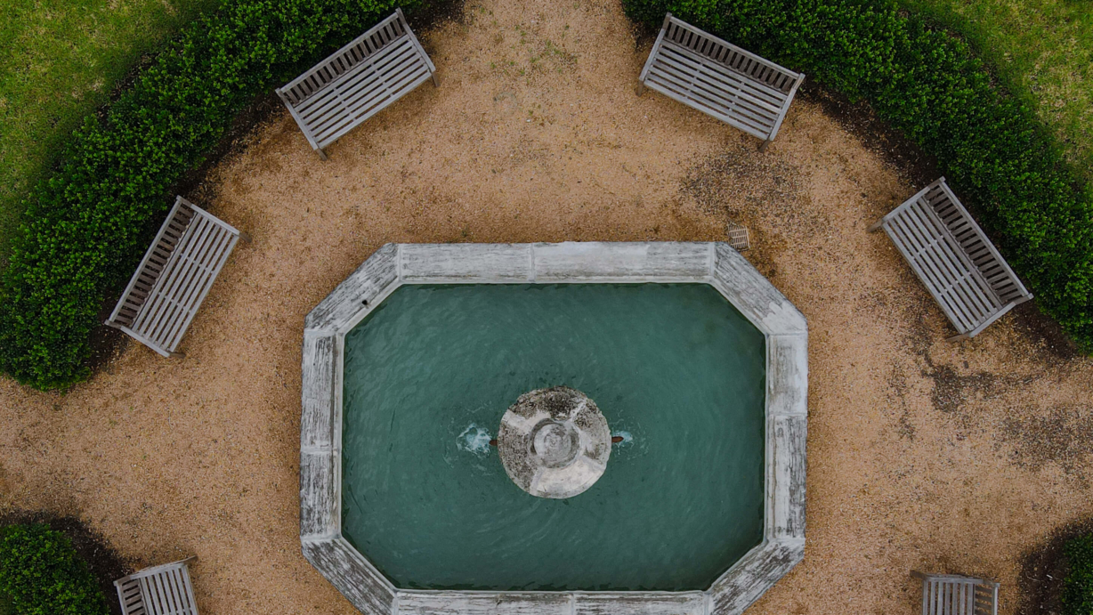 Arial view of the fountain and sitting area at Trowbridge Village